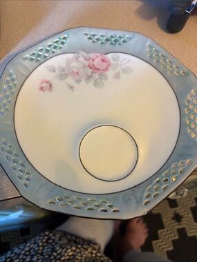 Source Unknown Pale Blue Rim Porcelain Plate with Pink Rose Motif